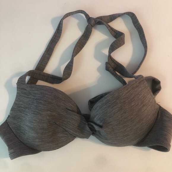 H&M Bikini Top 34A Gray Heather Knot Swim Pool Lined Full Coverage Tie Strap - Picture 1 of 7